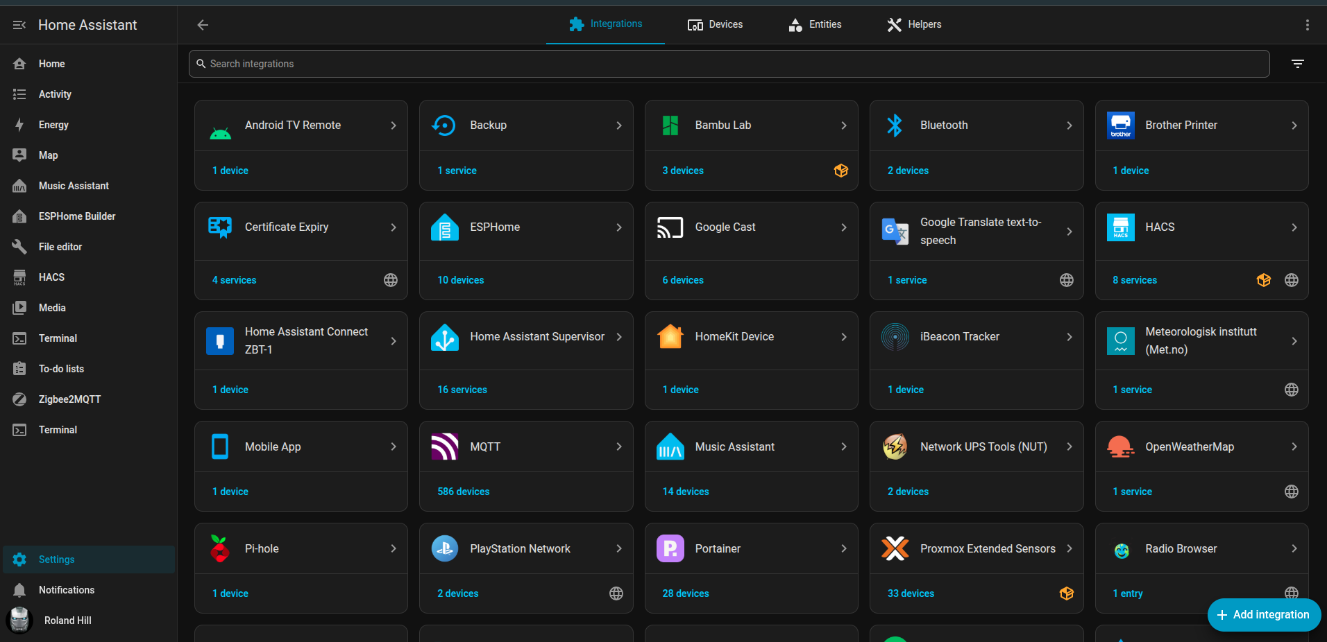 The Home Assistant integrations page showing a grid of configured integrations