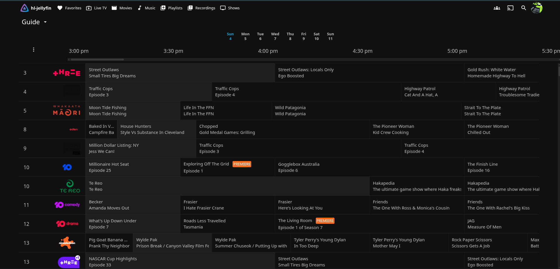 The Jellyfin Live TV guide showing a grid of channels and programme schedules