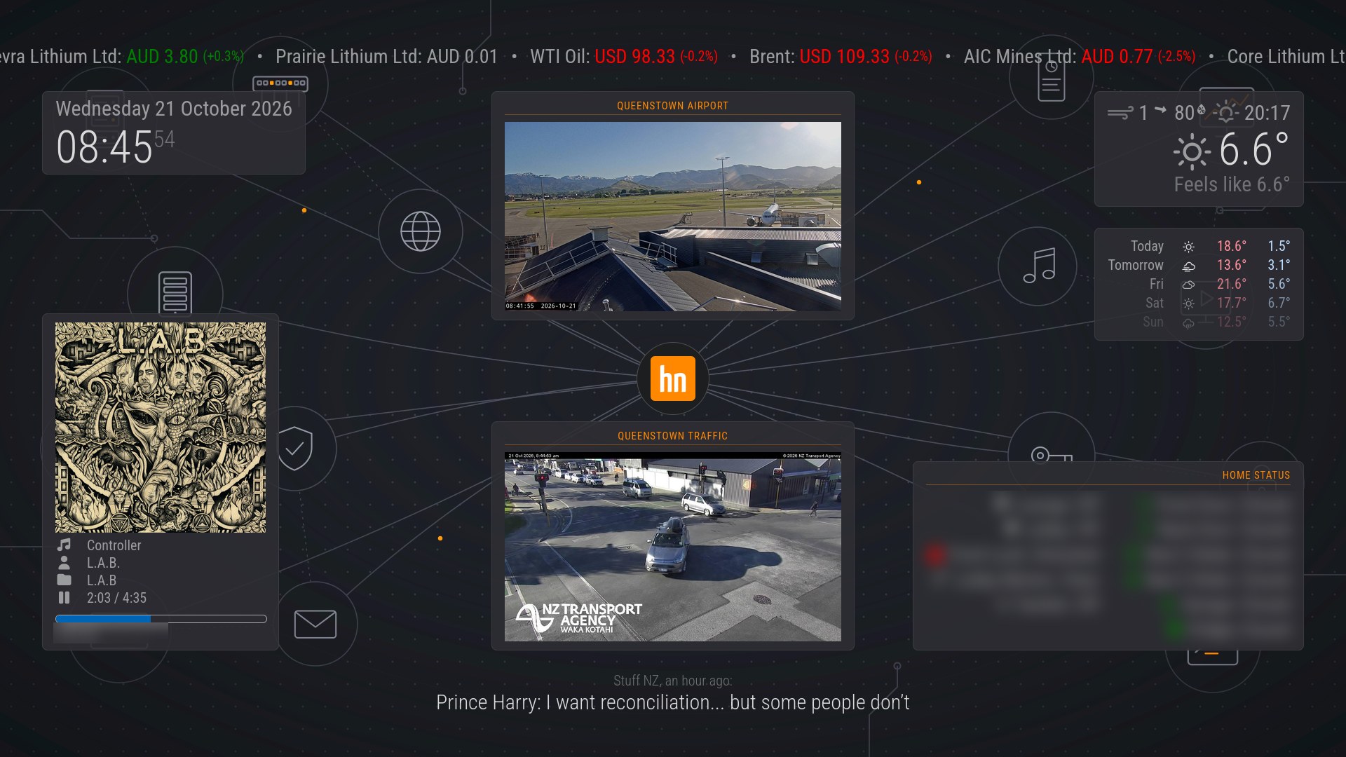 The wall dashboard's home page: stock ticker, clock, Spotify, airport and traffic webcams, weather and the Home Status panel on dark suite cards, over the Hillnet line-art with the hn logo at its centre