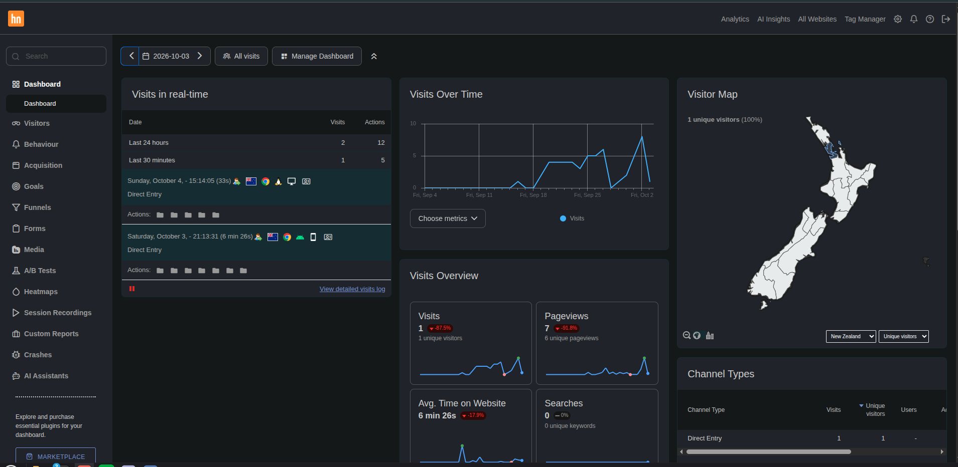 The Matomo analytics dashboard showing visits over time and a visitor map of New Zealand